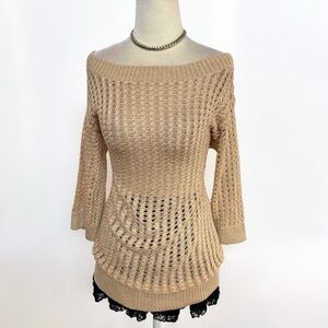 Vintage Y2k 2000’s Moda International Off-the-Shoulder Tan Knit Sweater S